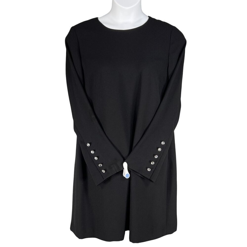 Talbots Womens 16 Black Shift Dress Long Sleeve Rhinestone Cuff Buttons Elegant
